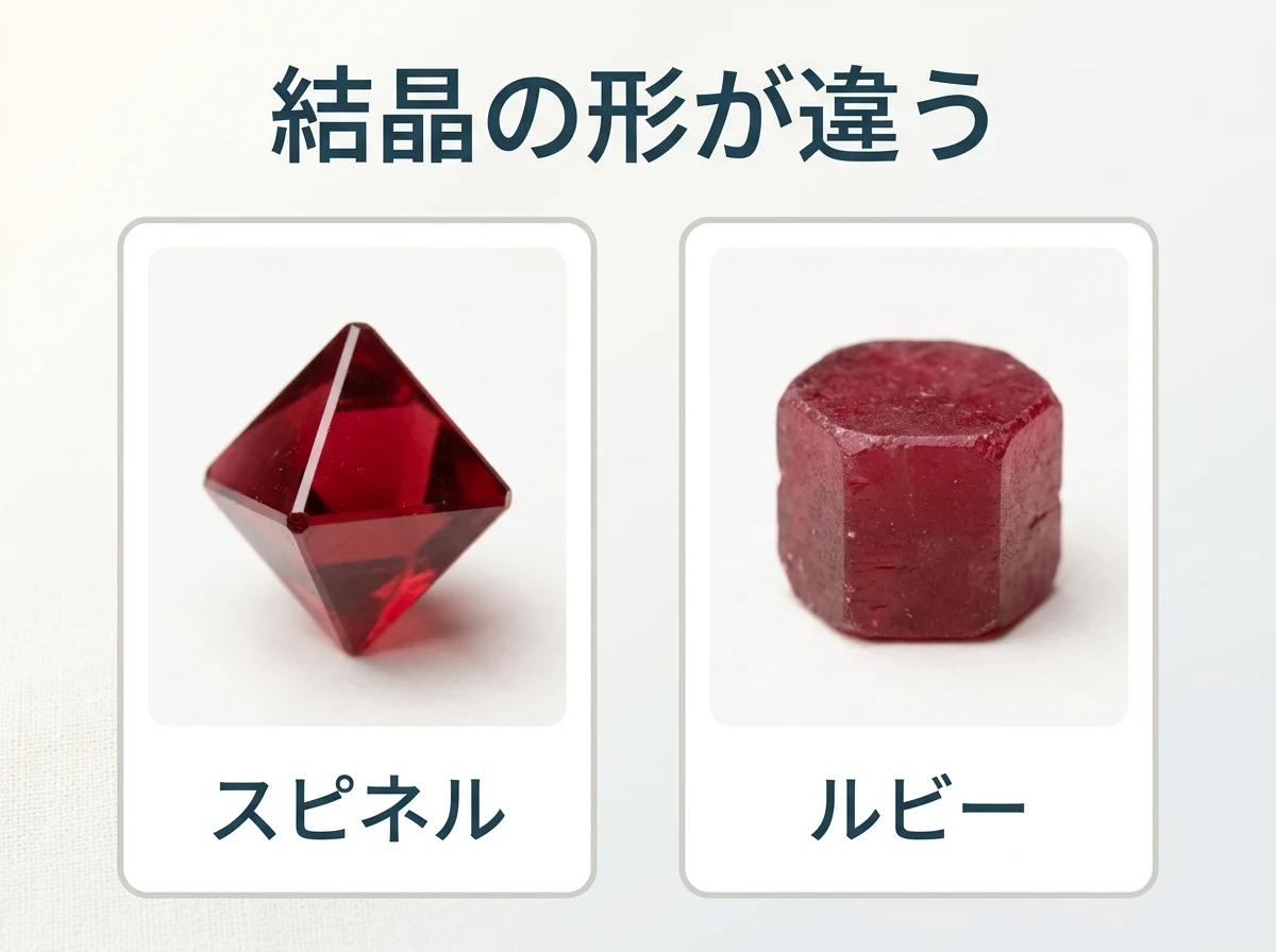 八面体のスピネルの結晶と六角柱のルビーの結晶を2枚のカードに並べた図