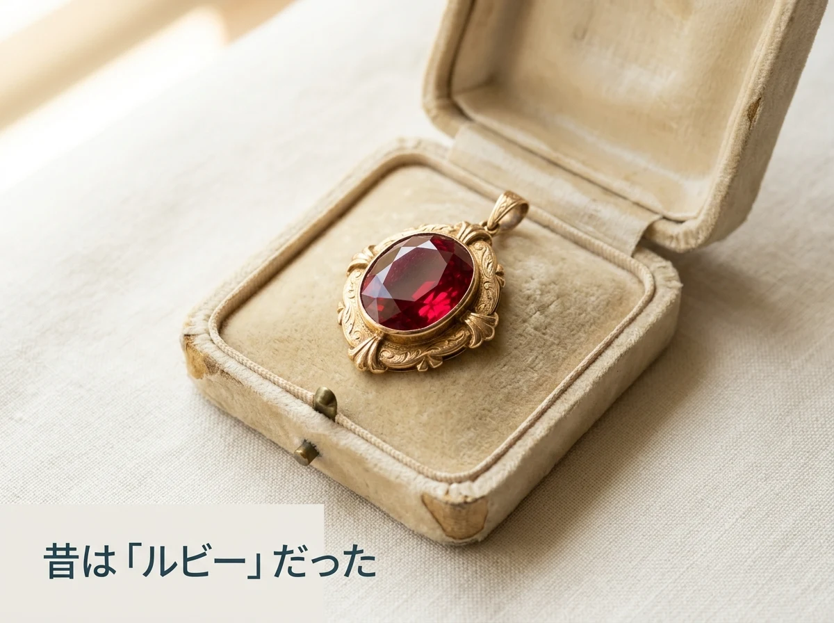 古い宝石箱の中に入った、大きな赤い石の古いジュエリーの写真
