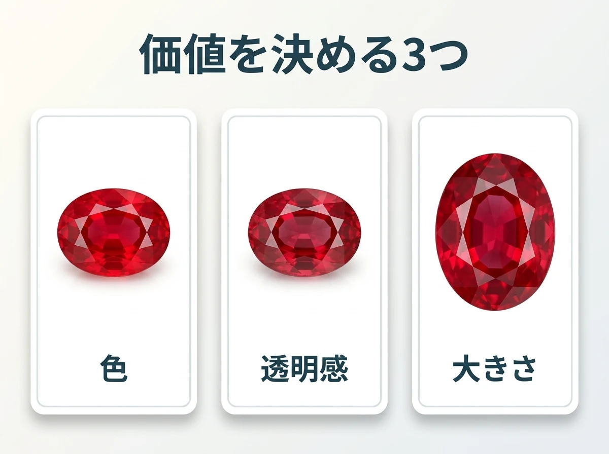 価値を決める色・透明感・大きさの3つを3枚のカードに並べた図