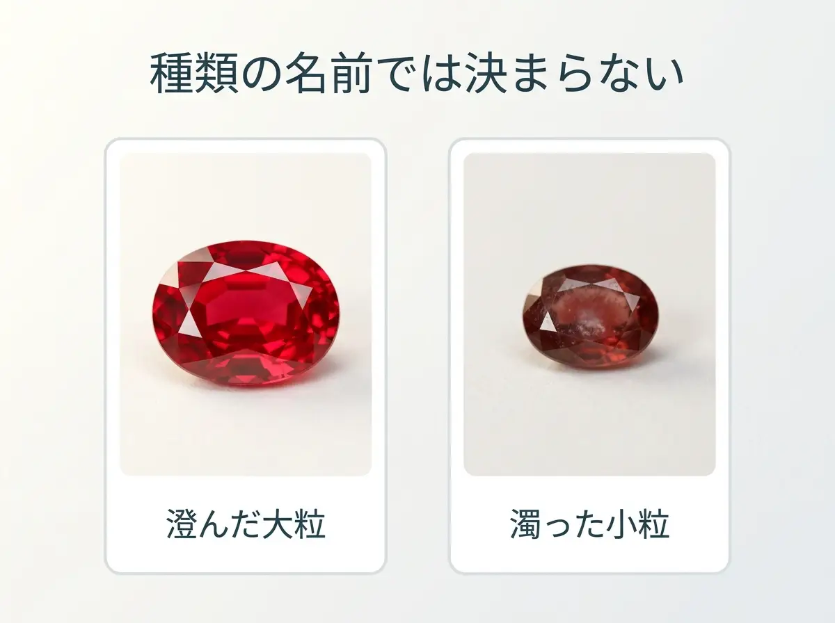 澄んだ大粒の赤い石と濁った小粒の赤い石を並べ、種類の名前では決まらないことを示した図