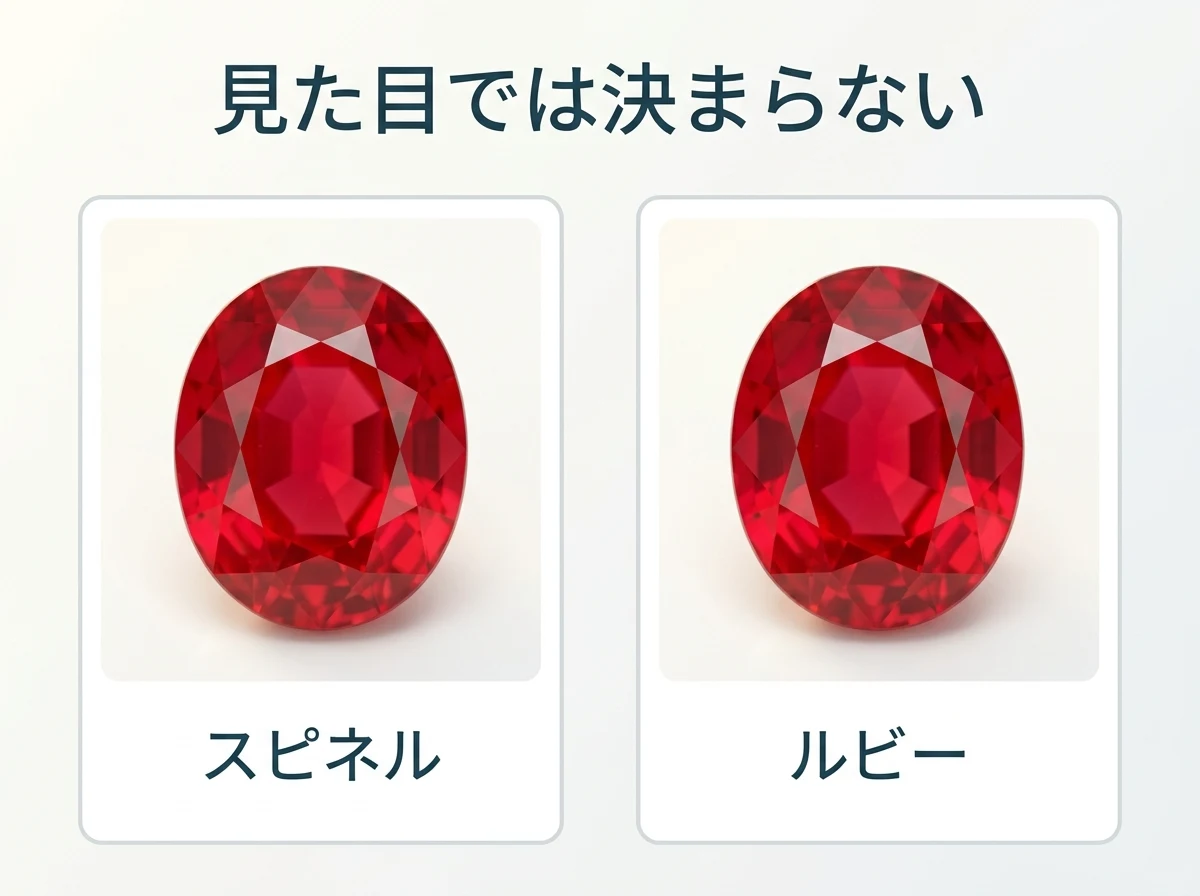 見た目が同じ2つの赤い石をスピネルとルビーとして並べ、見た目では決まらないことを示した図