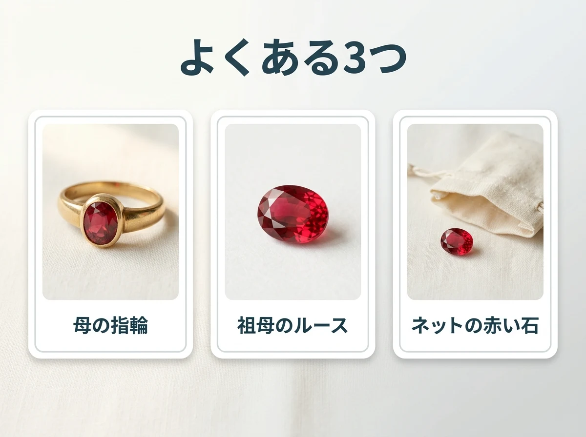赤い石の指輪・ルース・小袋から出した赤い石の3つを並べた図