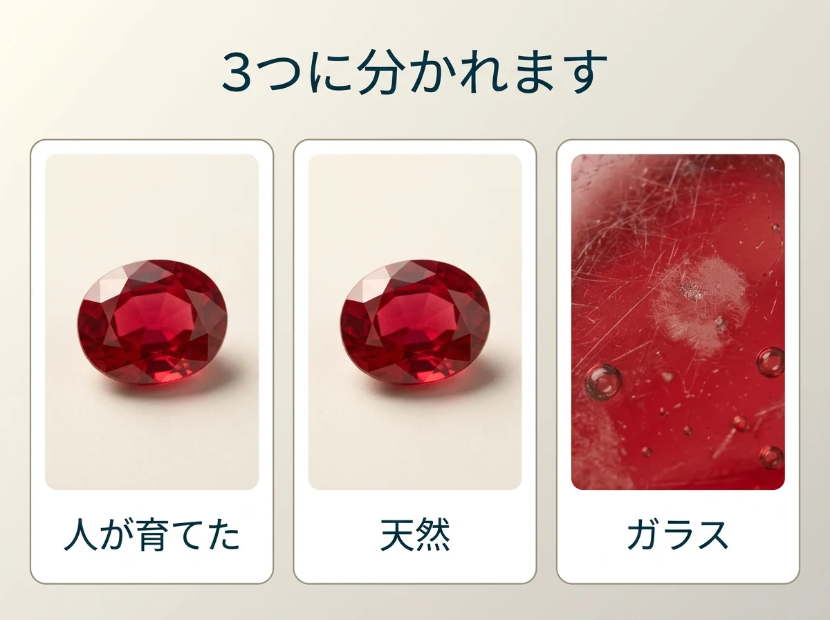 人が育てたスピネル・天然のスピネル・ガラスの模造品を3枚のカードに並べた図