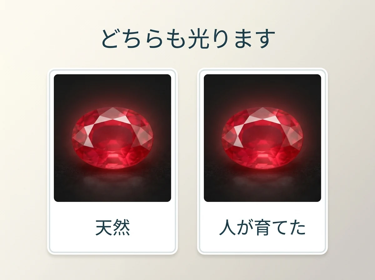 天然の石も合成の石も赤く光ることを2枚のカードで示した図