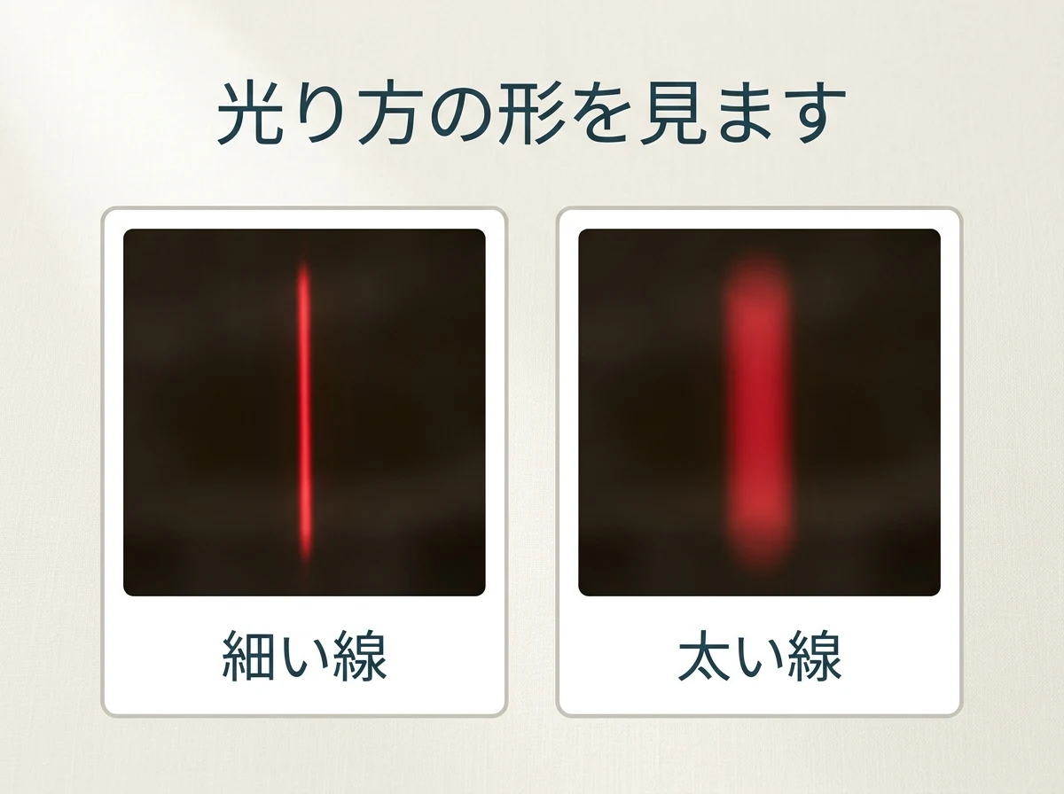 細い線と太い線を2枚のカードで対比し、鑑別機関が線の形を見ていることを示した図
