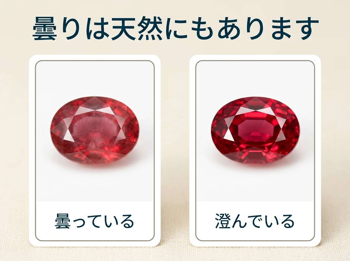 曇って見える石と澄んだ石を並べ、曇りが天然にもよくあることを示した図