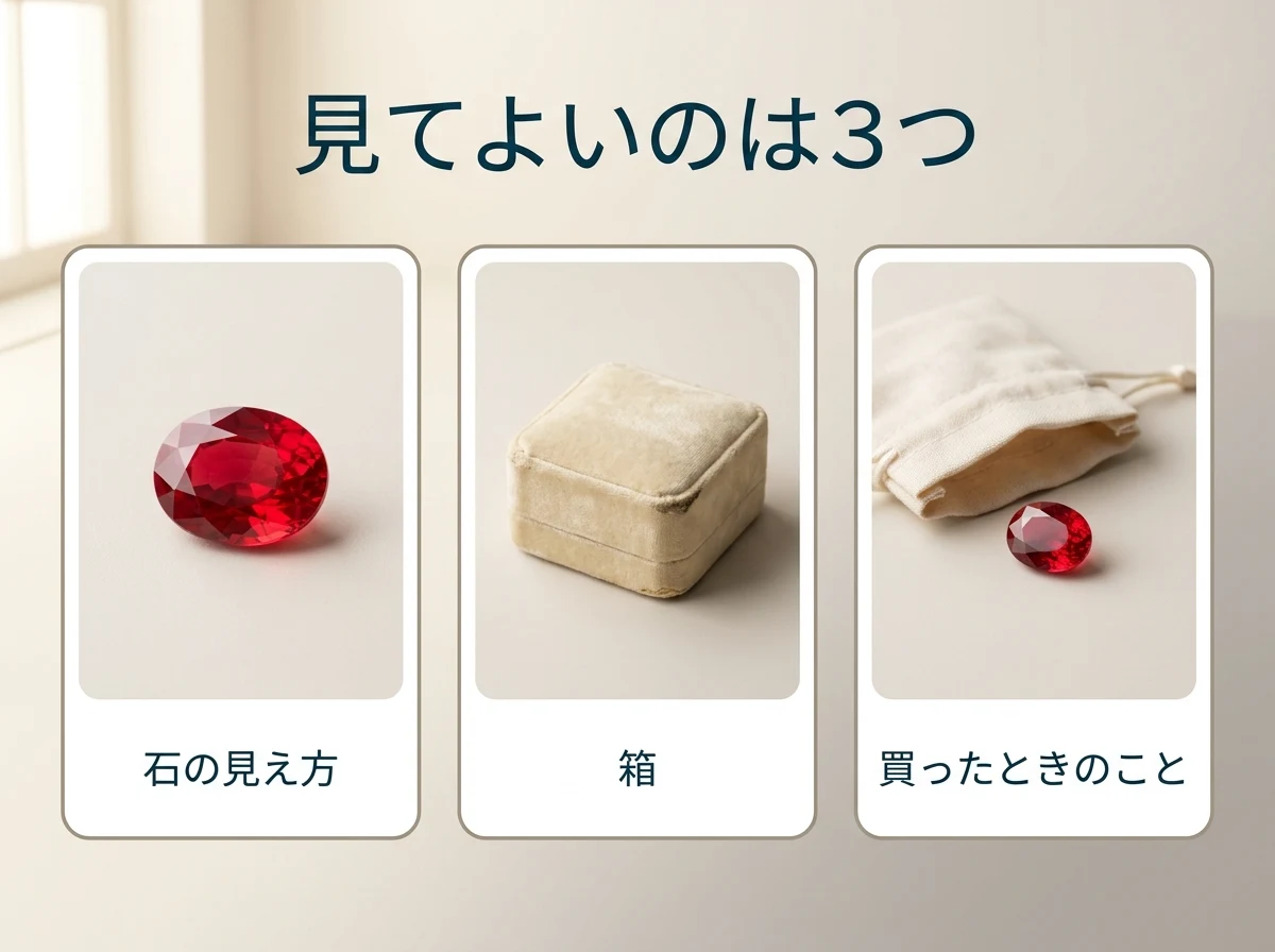石の見え方・箱と書類・買ったときの経緯の3つを並べた図