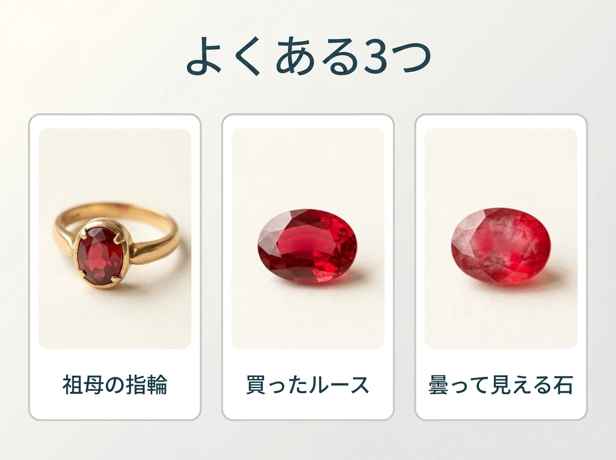 祖母の指輪・ネットで買ったルース・曇って見える石の3つを並べた図
