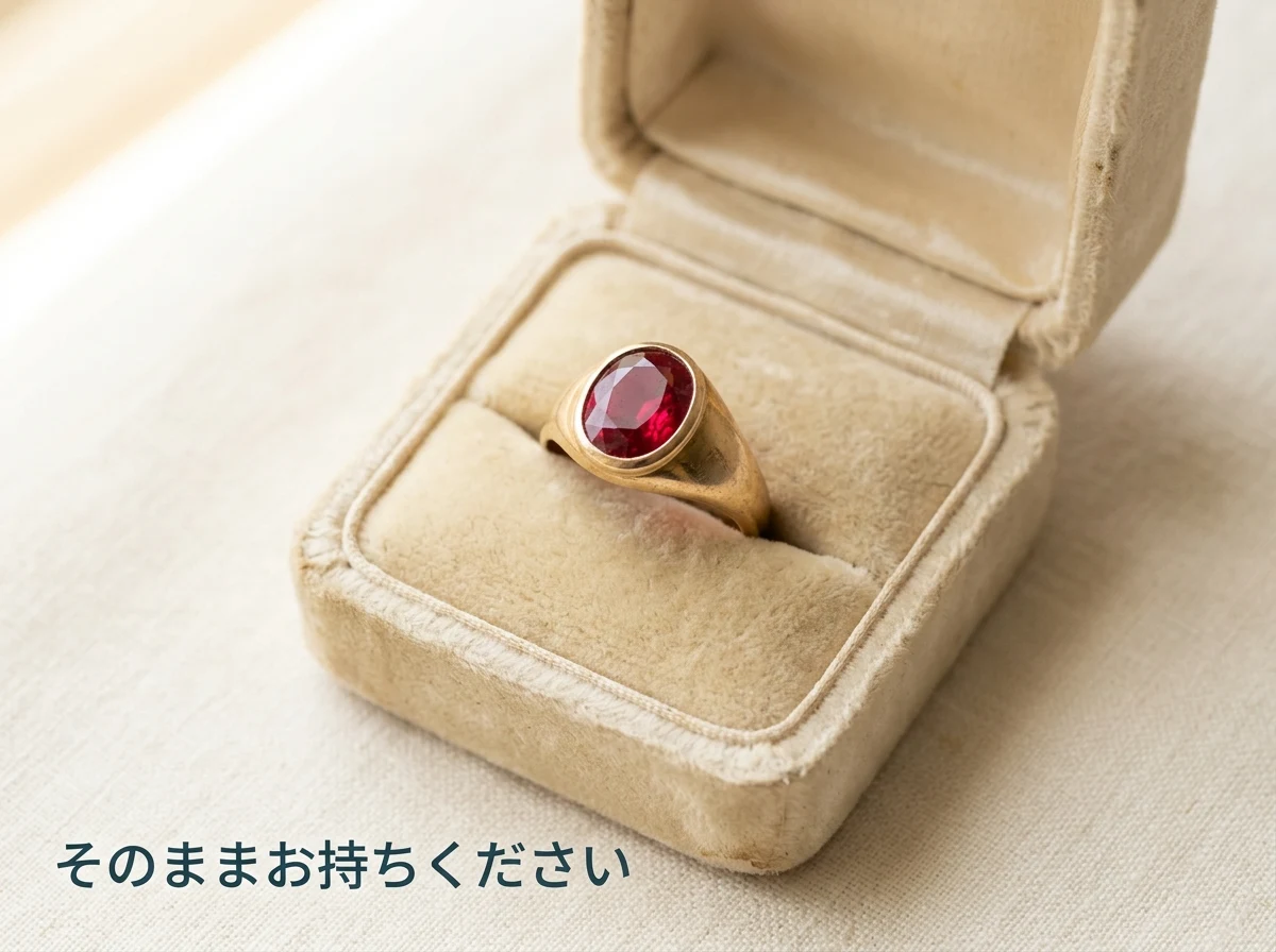 開いた宝石箱に入ったままの赤い石の金の指輪
