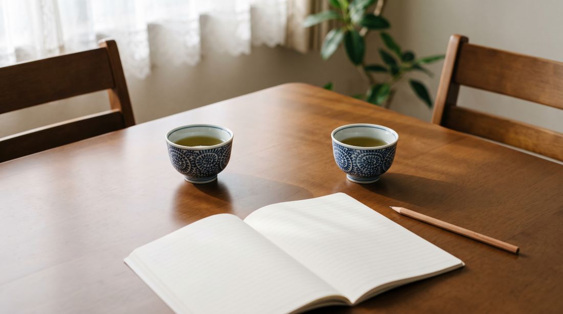 自宅のダイニングテーブルに向かい合って置かれた2客の湯呑みと、開いたままの白紙のノート