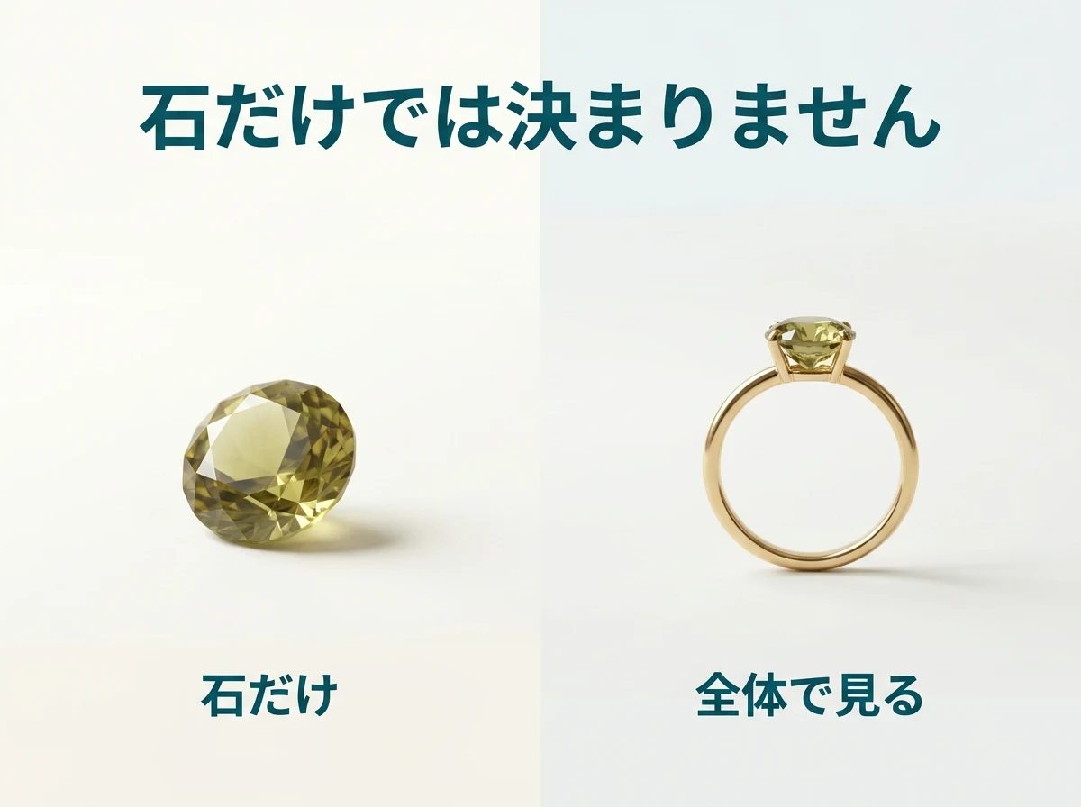 スフェーンのルースと、スフェーンの指輪を並べています