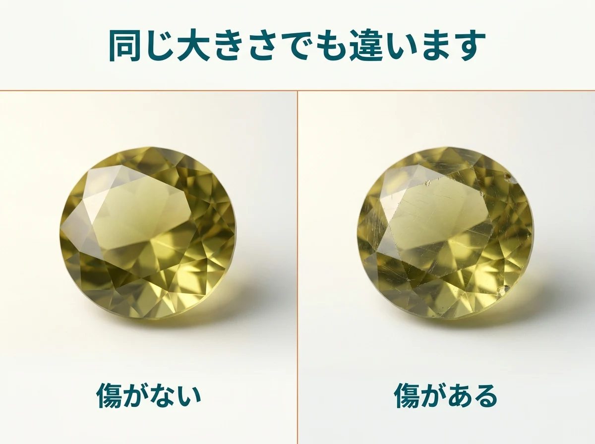 傷のないスフェーンと、表面に傷のあるスフェーンの比較
