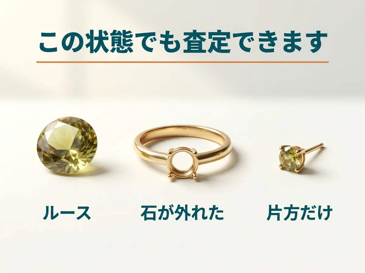ルース・石が外れた指輪・片方だけのピアスを並べています