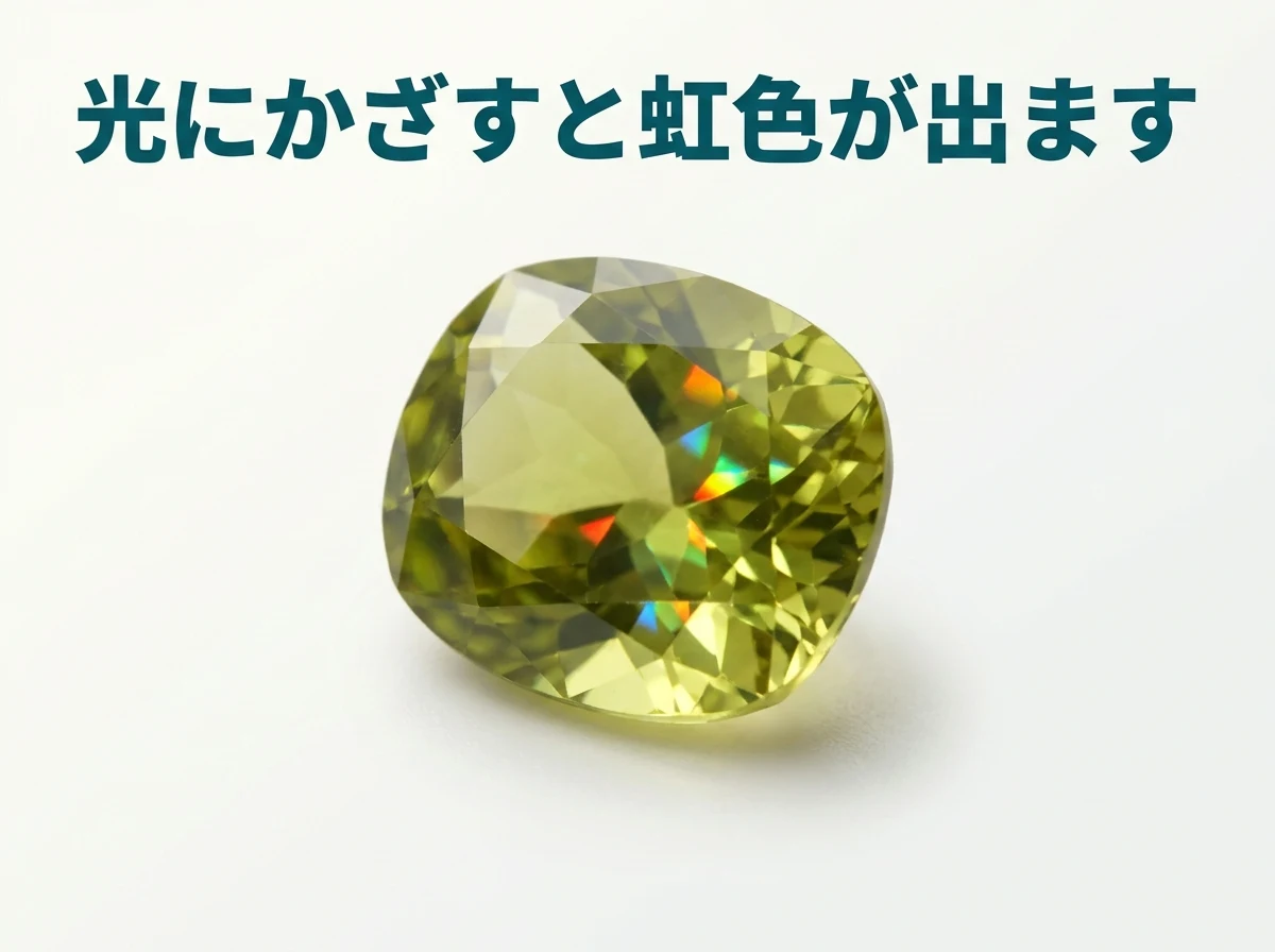 光にかざしたスフェーンに虹色の閃光が出ています