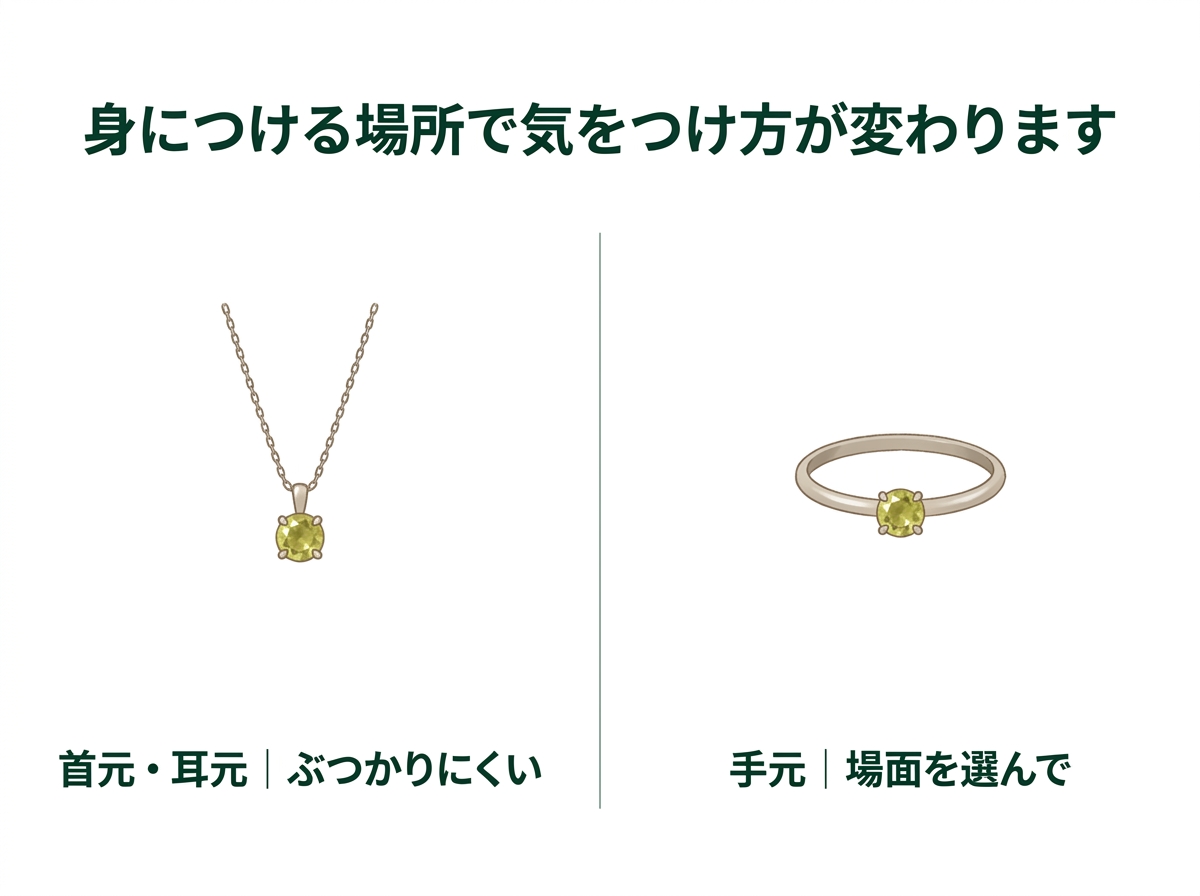 首元や耳元のジュエリーはぶつかりにくく、手元のジュエリーは場面を選ぶとよいことを示した図