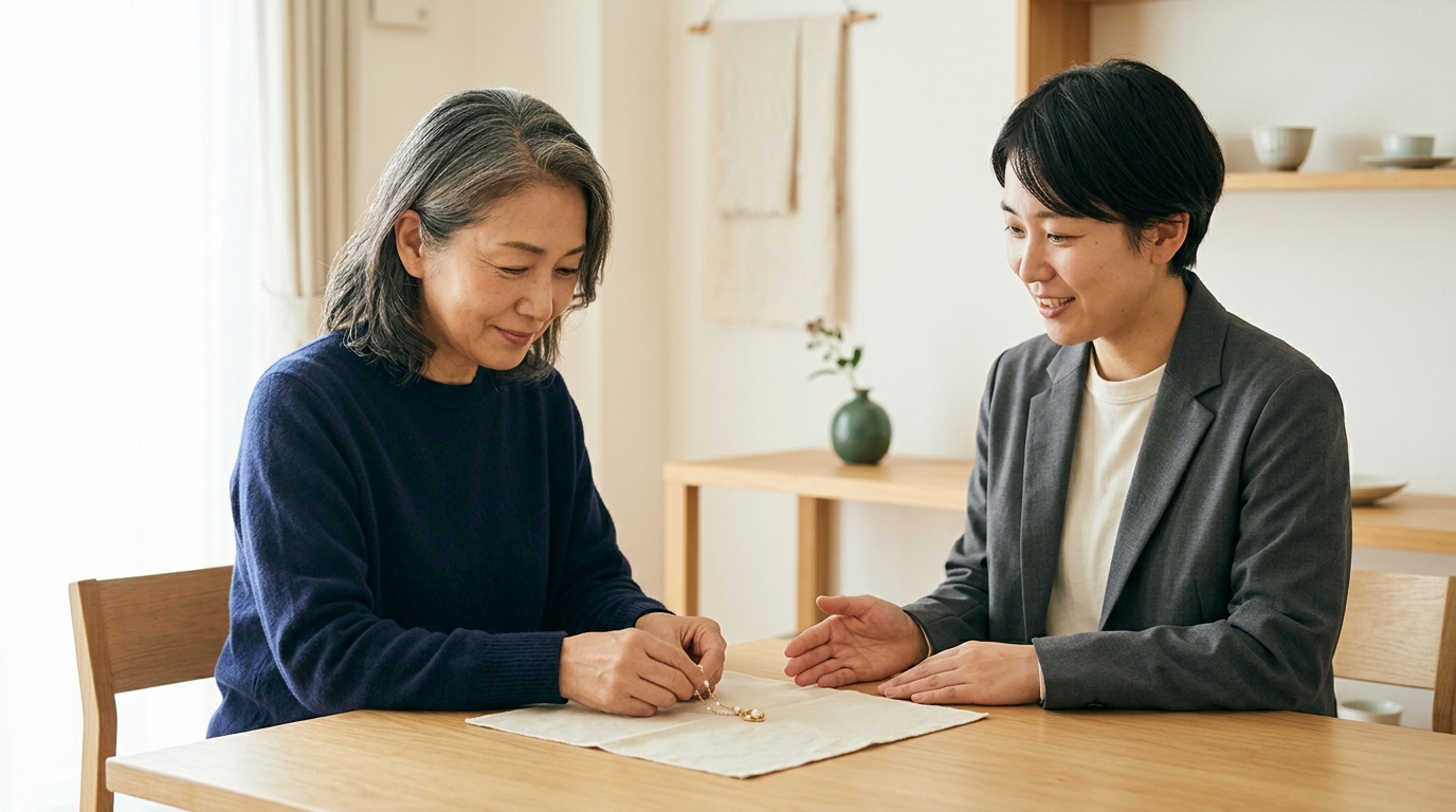ジュエリーを持ち込んで、目の前で見てもらっている場面のイメージ