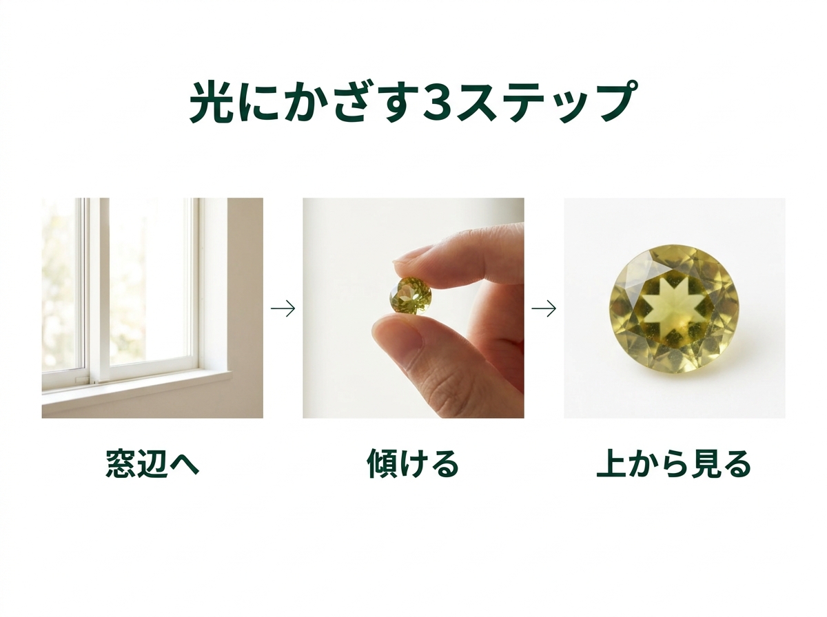 明るい窓辺で石を傾け、上から覗いて確かめる3つの手順