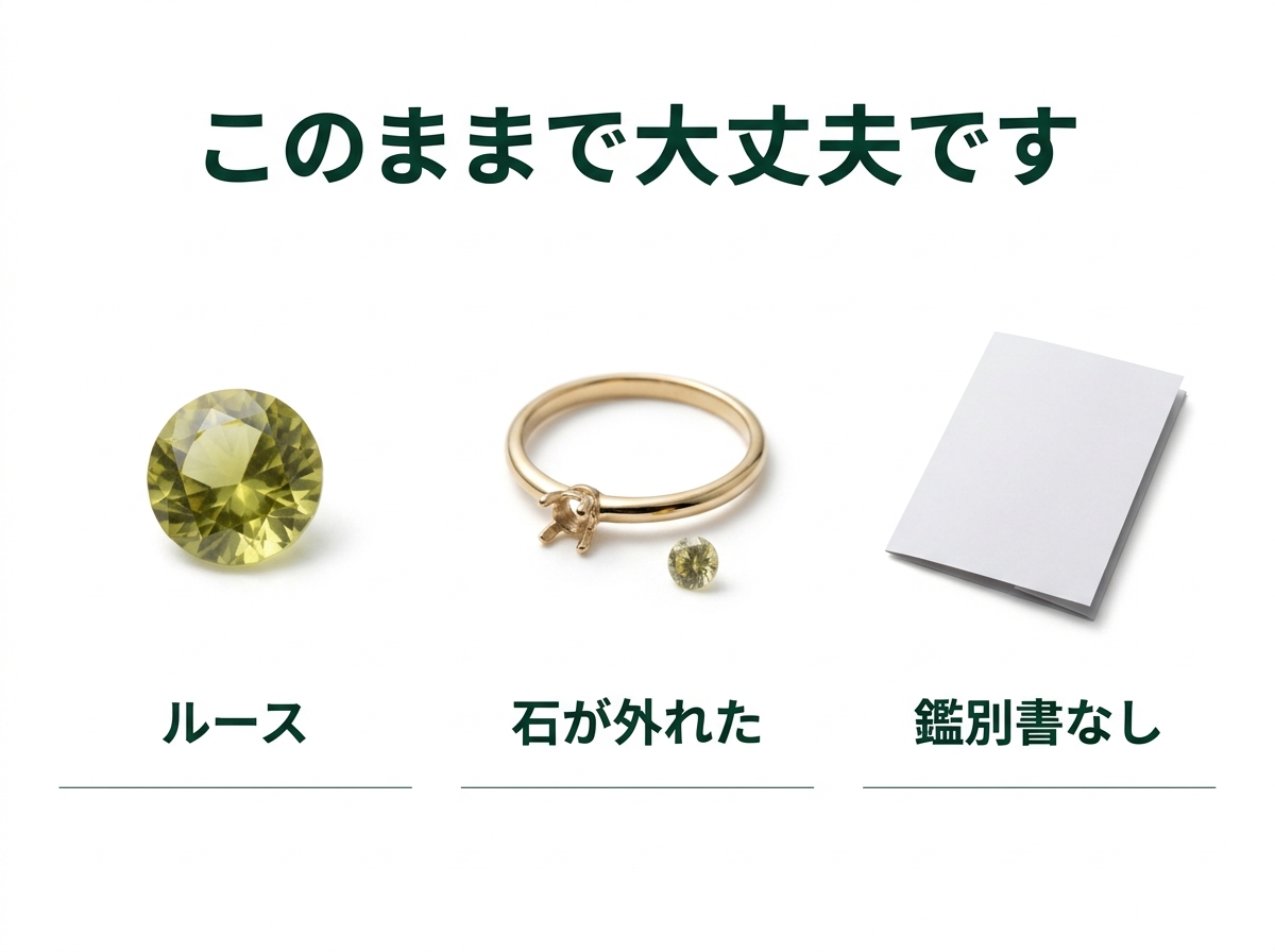 ルース・石が外れたリング・鑑別書がない状態でも査定できます