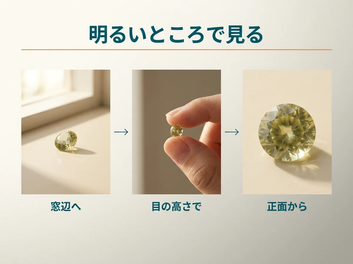 窓辺で目の高さに持ち、正面から見る3つの手順