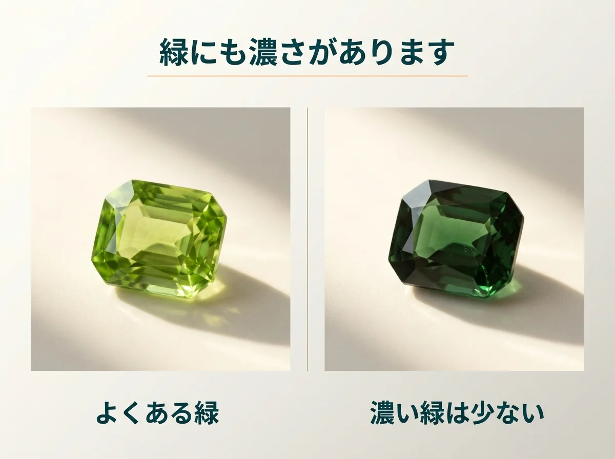 よくある緑と、数が少ない濃い緑を比べた写真