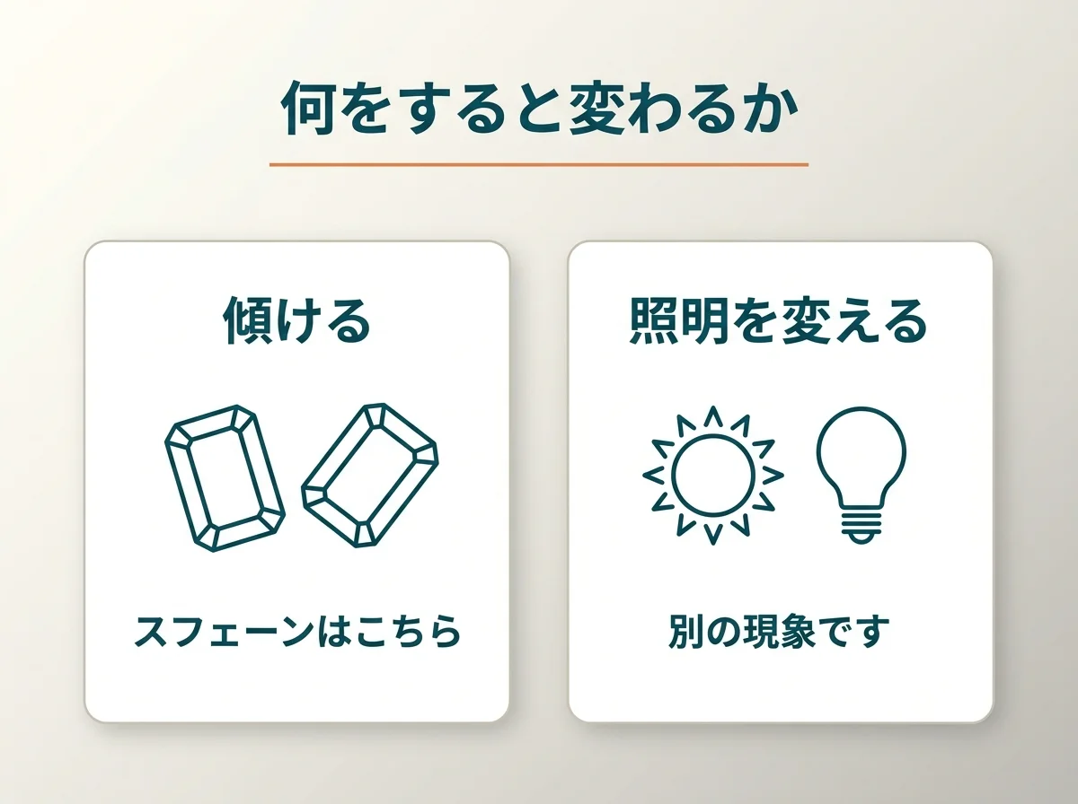 傾けると変わる現象と照明を変えると変わる現象が別物であることを示した図