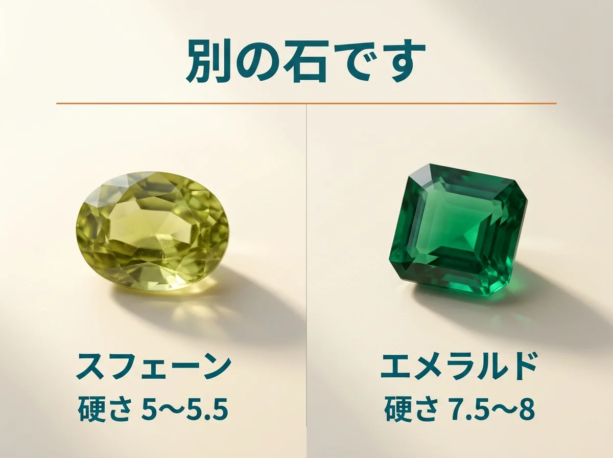 スフェーンとエメラルドが硬さの違う別の石であることを比べた写真