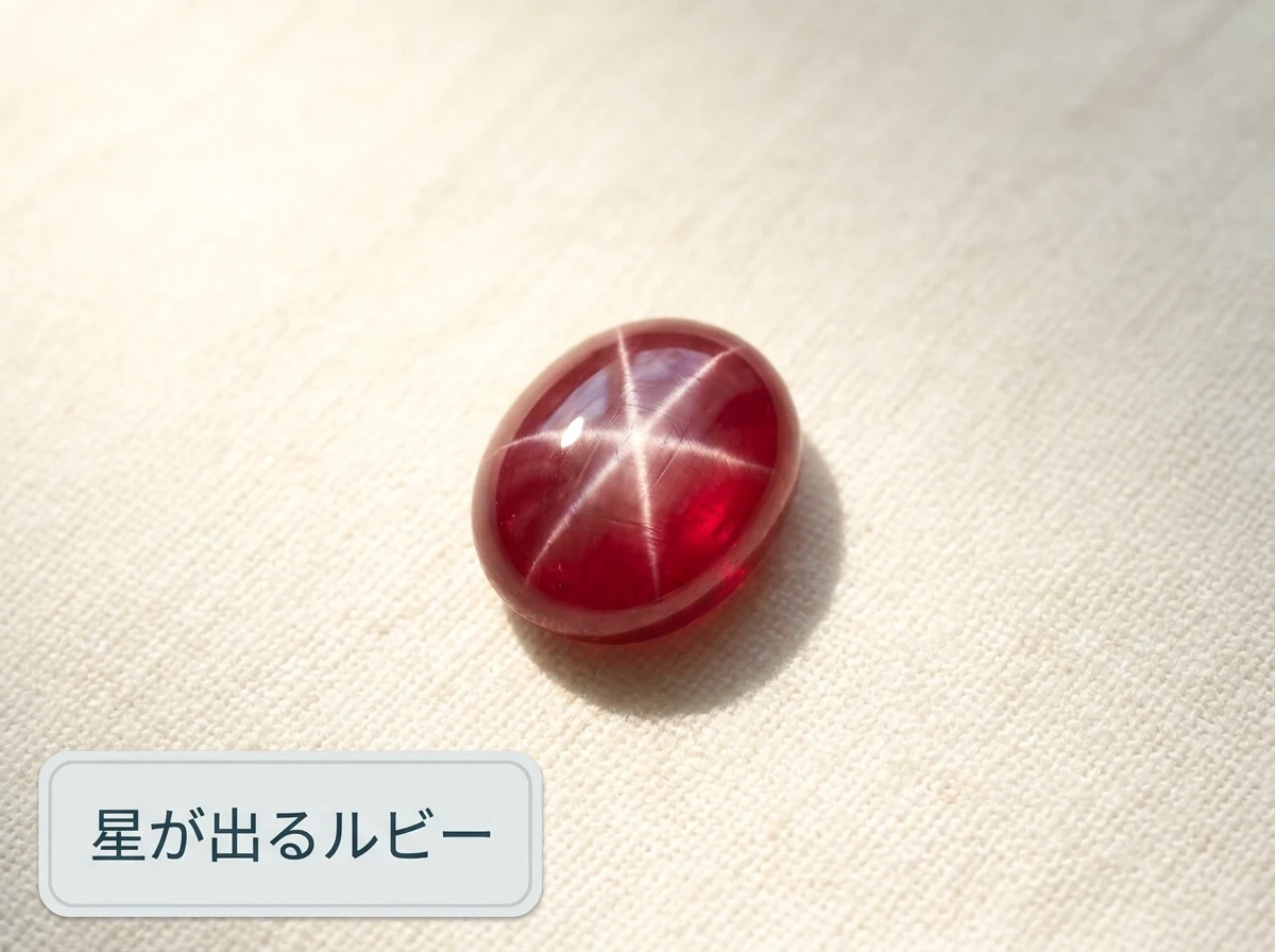 布の上に置かれたスタールビーのカボションの写真
