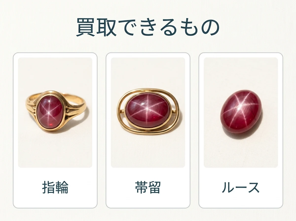 スタールビーの指輪・帯留・ルースの3つを並べた図