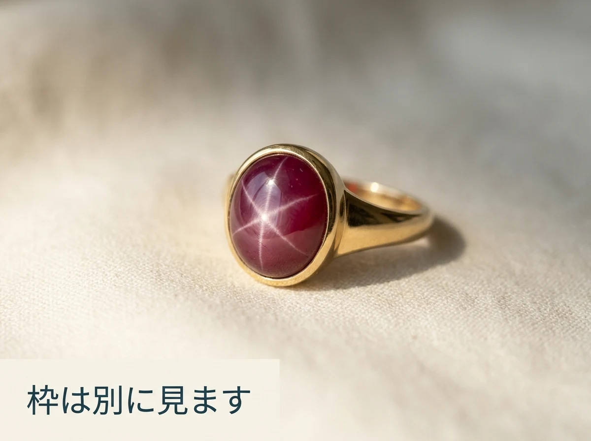 金の枠に留められたスタールビーの指輪の写真