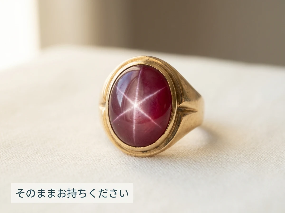 布の上に置かれたスタールビーの指輪の写真