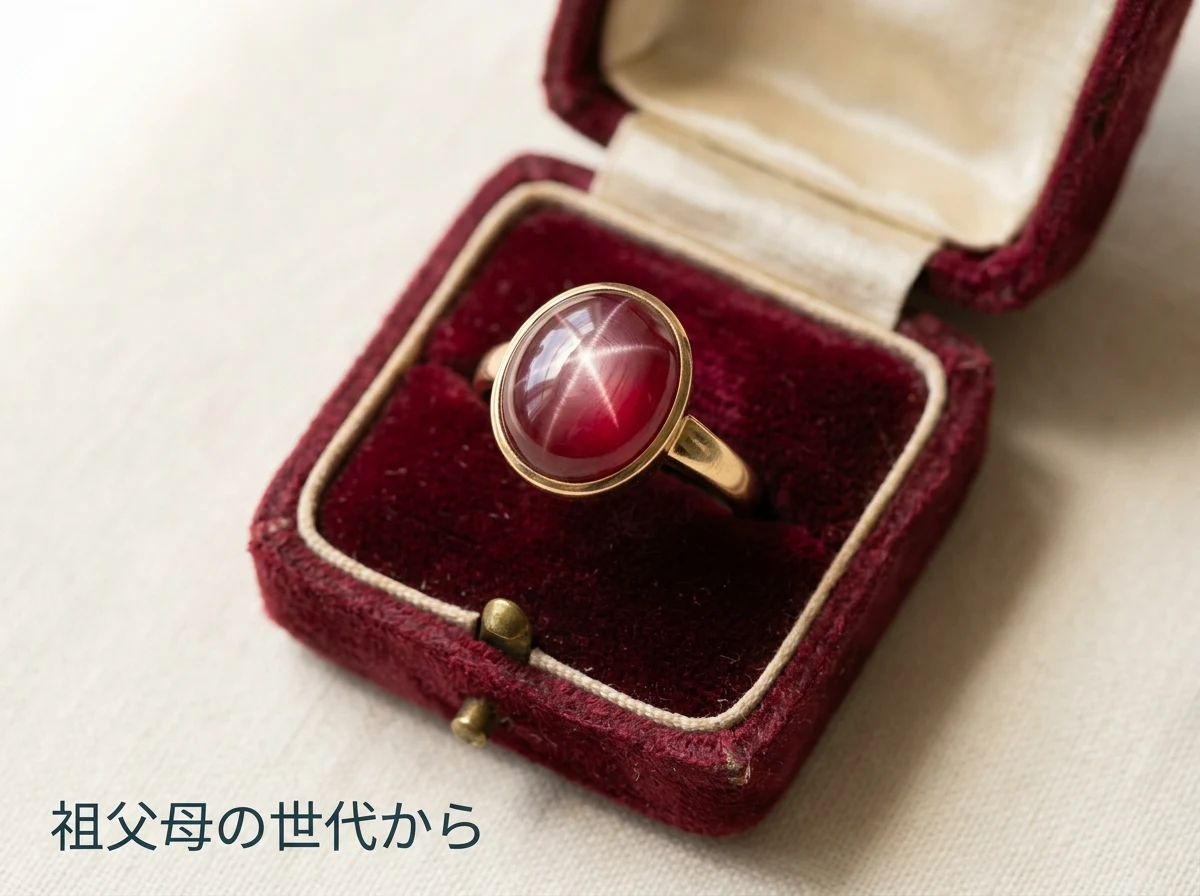 古い宝石箱の中に入ったスタールビーの指輪の写真
