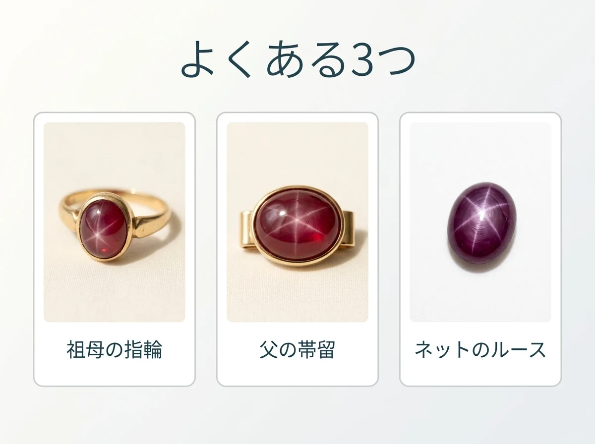 スタールビーの指輪・帯留・ルースの3つを並べた図