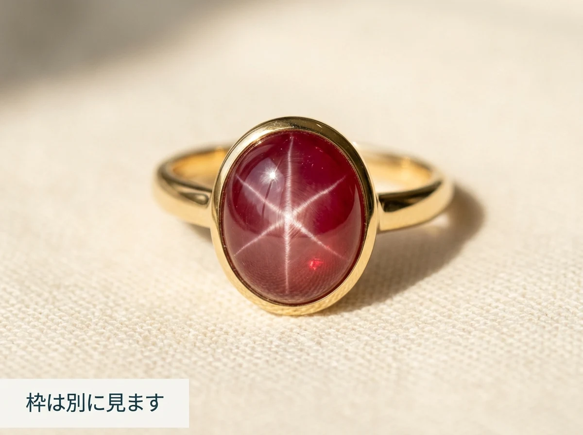 金の枠に留められたスタールビーの指輪を布の上に置いた写真