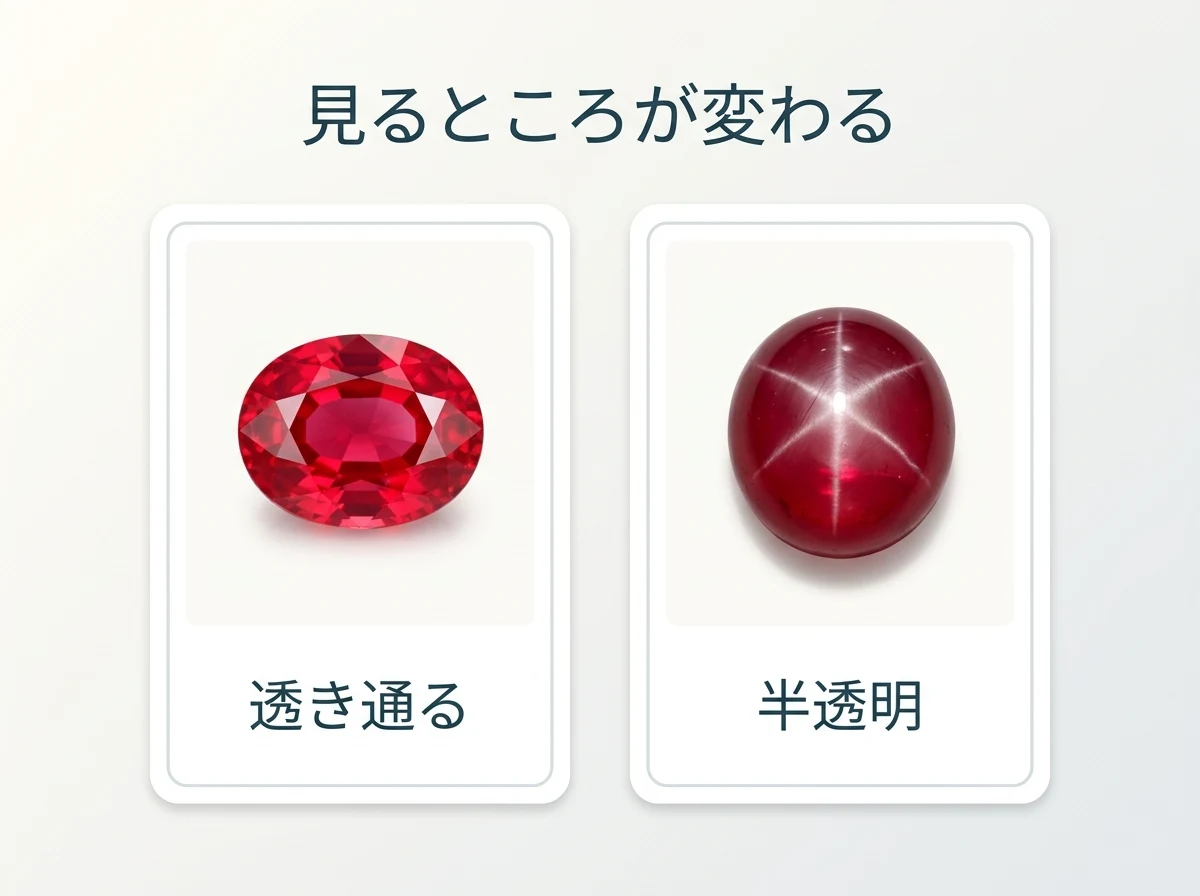 透き通ったルビーと半透明のスタールビーを並べ、見るところが変わることを示す図