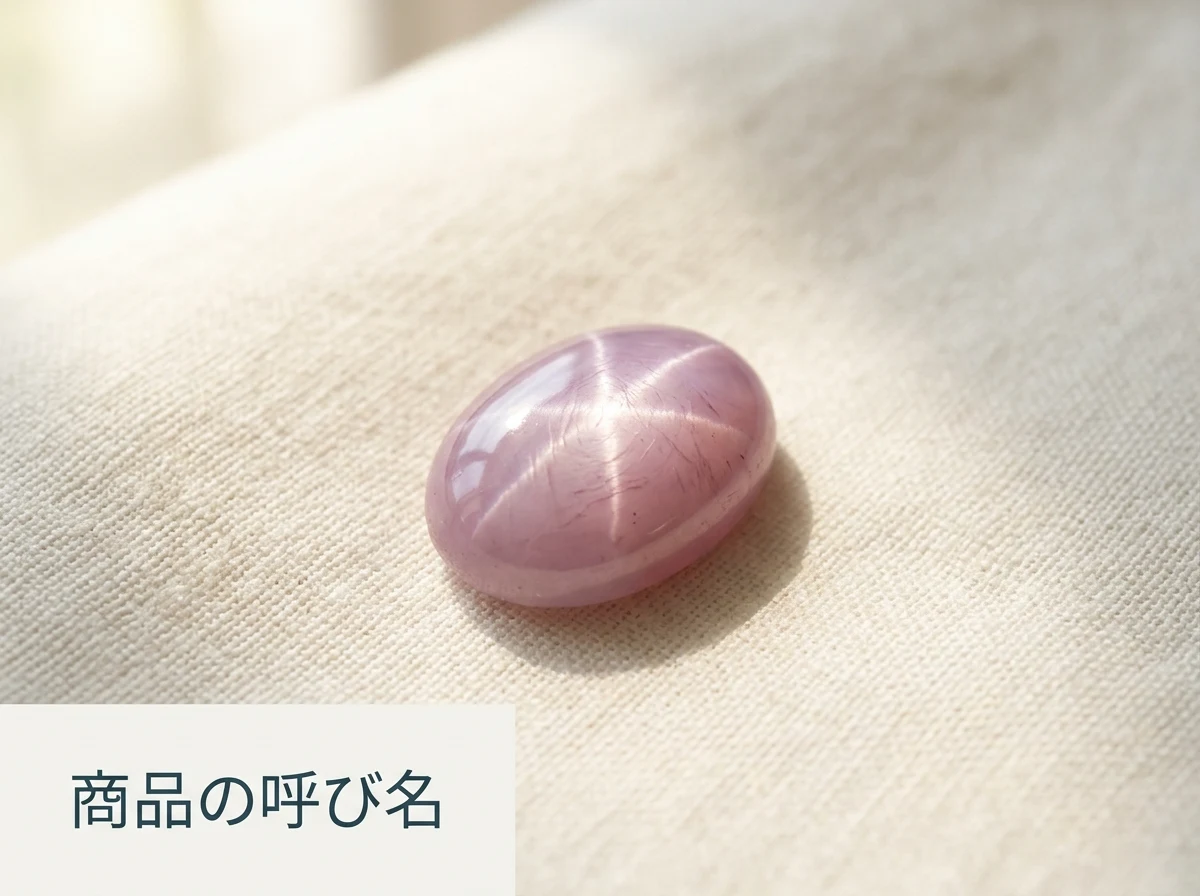 淡い赤から紫みがかったスター効果を示す石を布の上に置いた写真