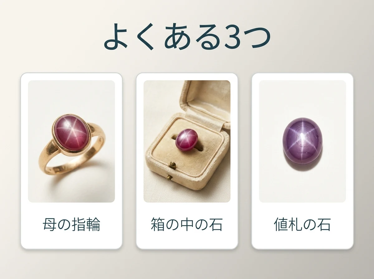 母の指輪・箱の中の石・値札の石の3つを並べた図