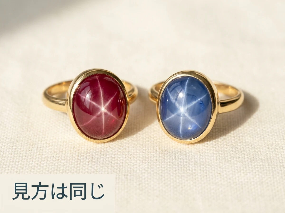 スタールビーの指輪とスターサファイアの指輪を布の上に並べた写真