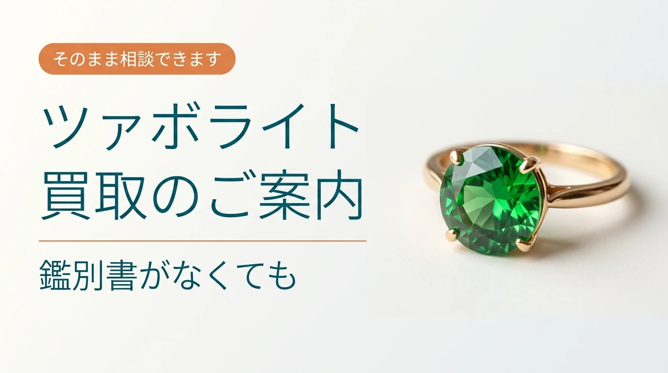 緑の石の指輪と、ツァボライト買取の案内を示した画像