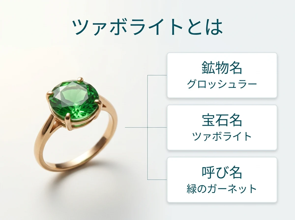 ツァボライトの鉱物名・宝石名・呼び名を並べた図