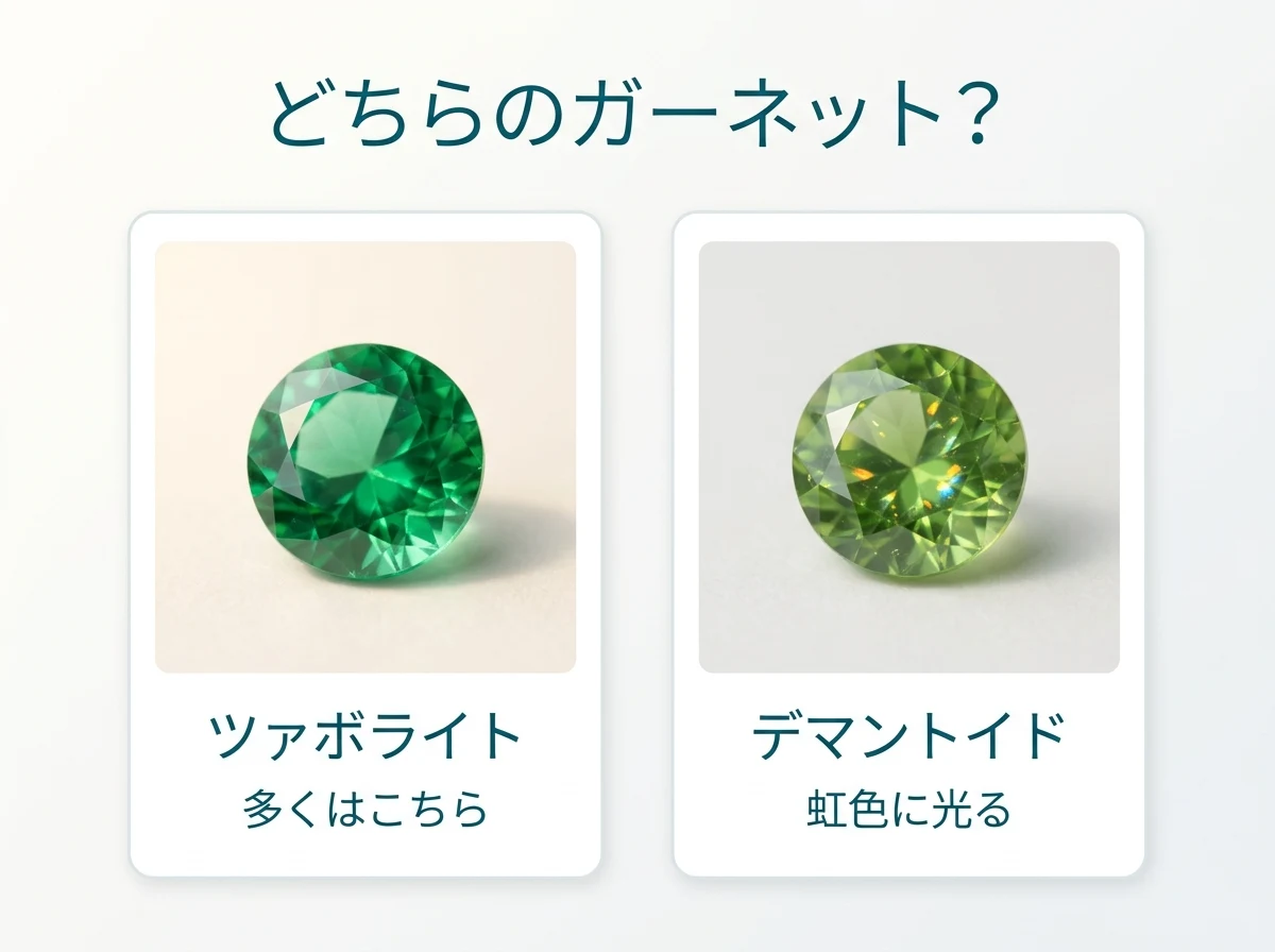 グリーンガーネットと呼ばれる2種類の石(ツァボライトとデマントイド)を並べた比較図
