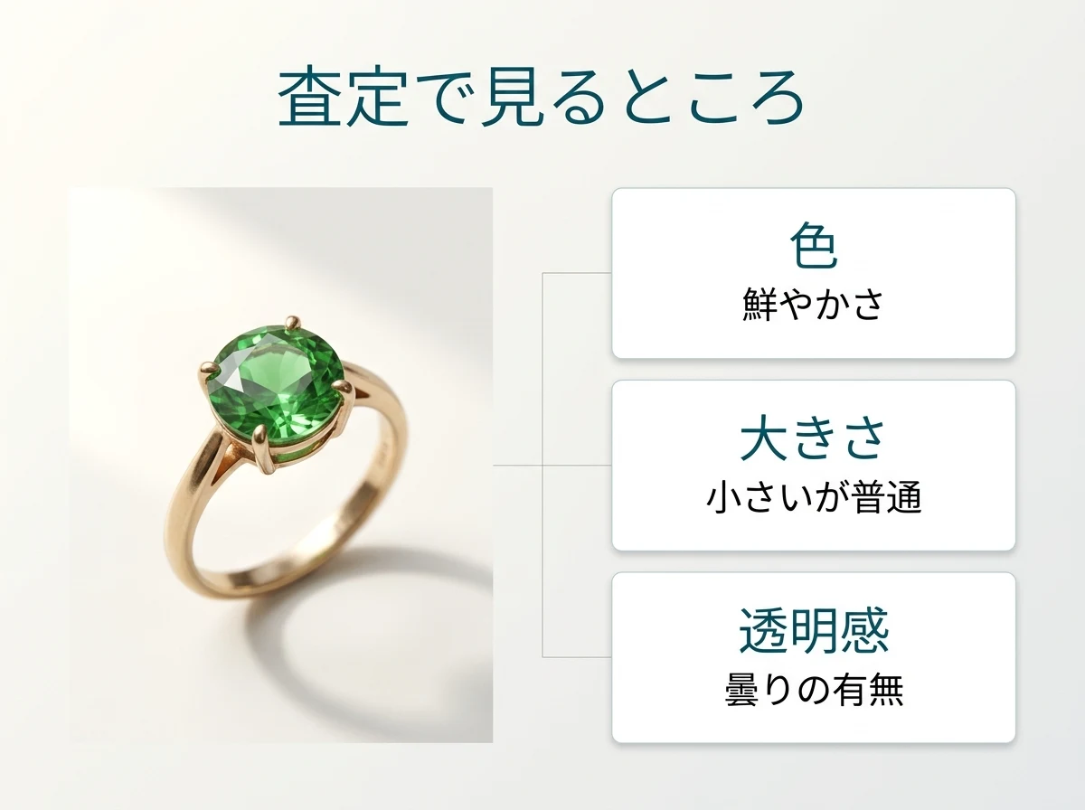 緑の石の指輪と、査定で見る色・大きさ・透明感の3つを並べた図