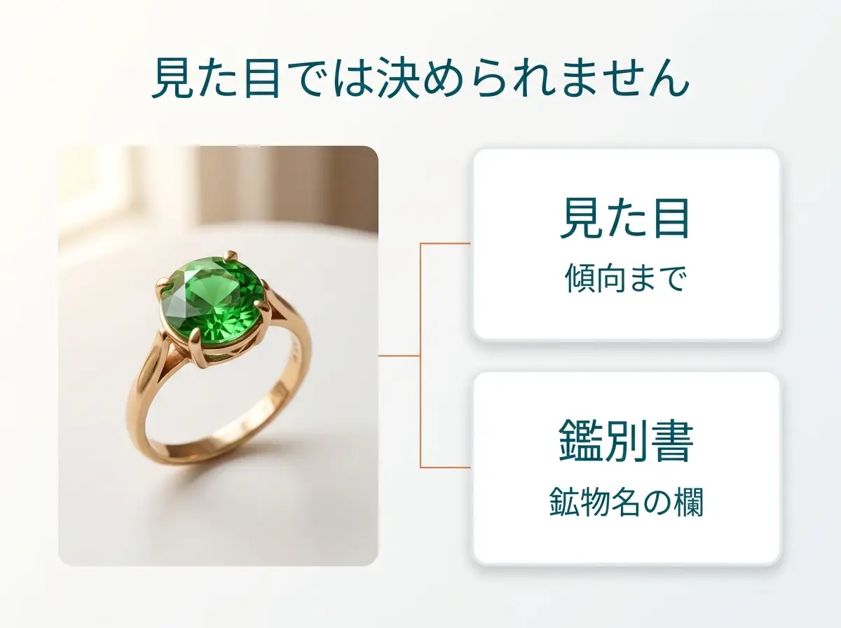 緑の石の指輪について、見た目では傾向まで、鑑別書の鉱物名の欄で決まることを示した図