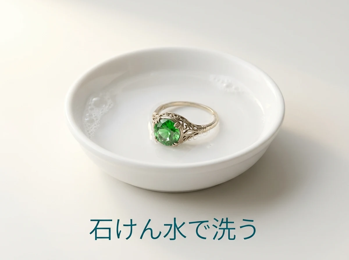 石けん水を張った小さな白い器に静かに置かれた緑の石の指輪