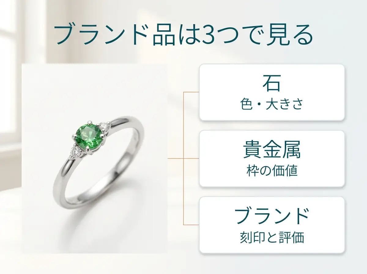 ブランドジュエリーの査定額が石・貴金属・ブランドの3つで決まることを示した図