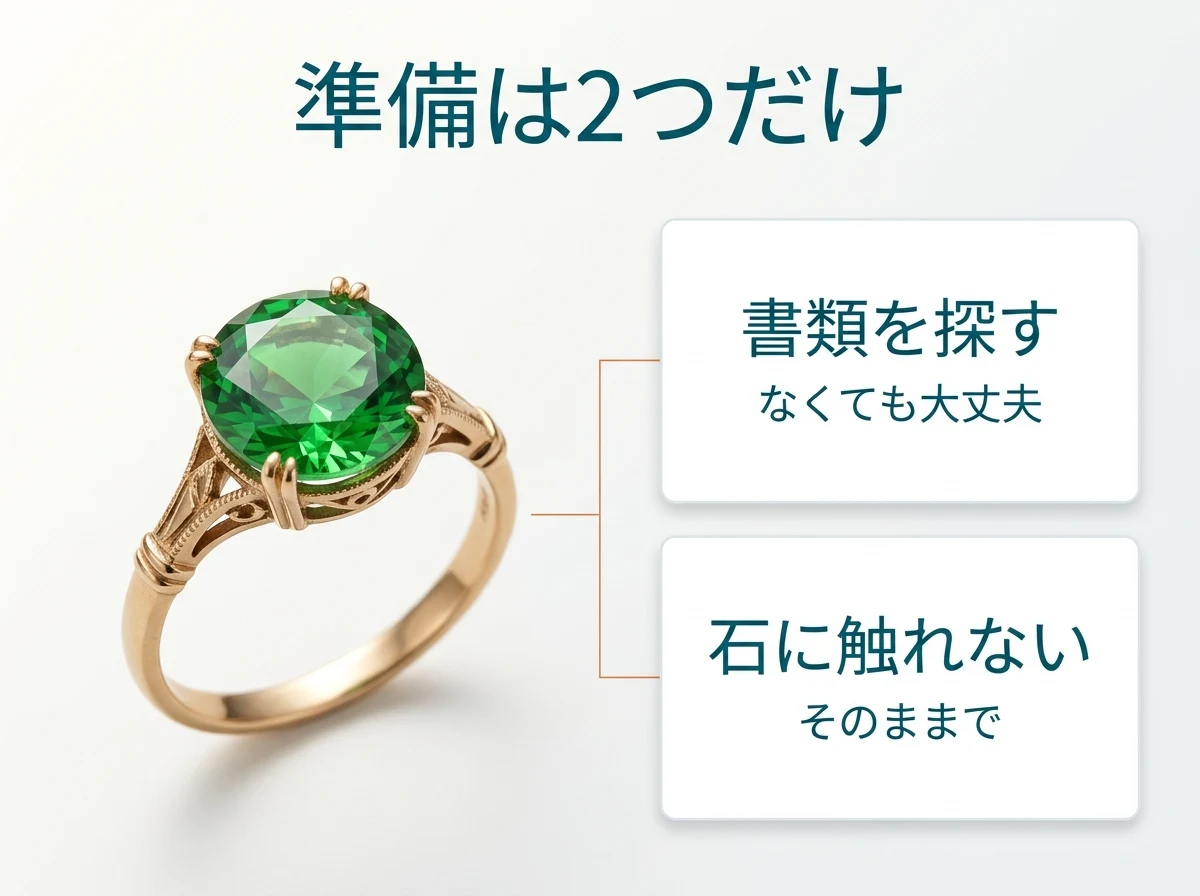 売る前の準備(書類を探す・石に触れない)の2つを示した図