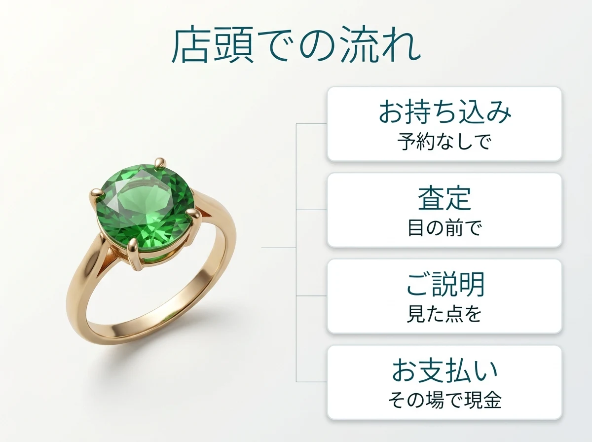 お持ち込み・査定・ご説明・お支払いの4段階の流れを示した図