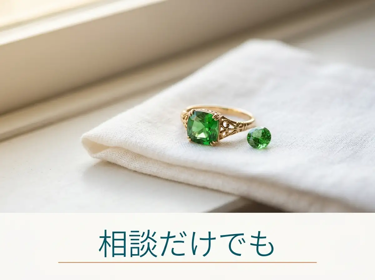 窓辺の布の上に並べて置いた緑の石の指輪とルース