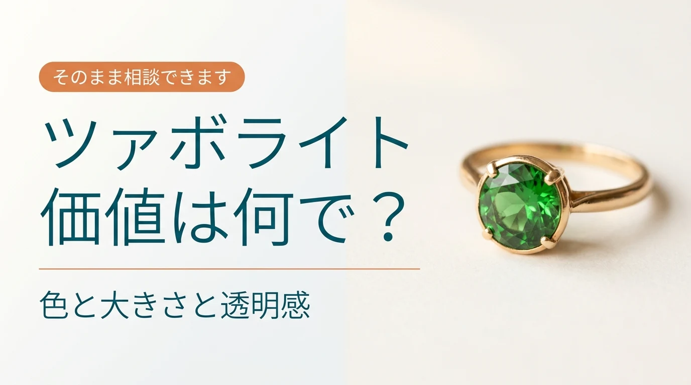 緑の石の指輪と、ツァボライトの価値は何で決まるのかという記事の問いかけを示した画像