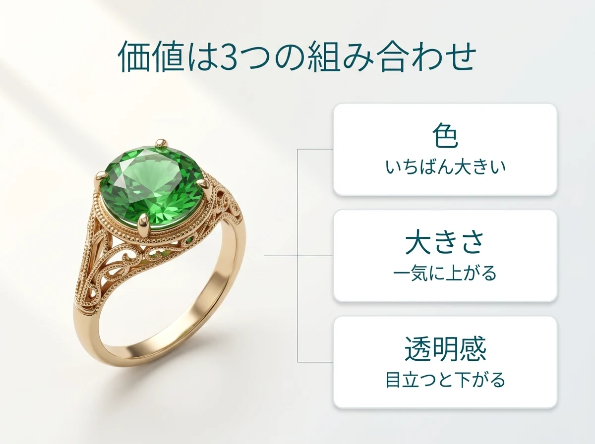 緑の石の指輪と、価値を決める色・大きさ・透明感の3つを並べた図