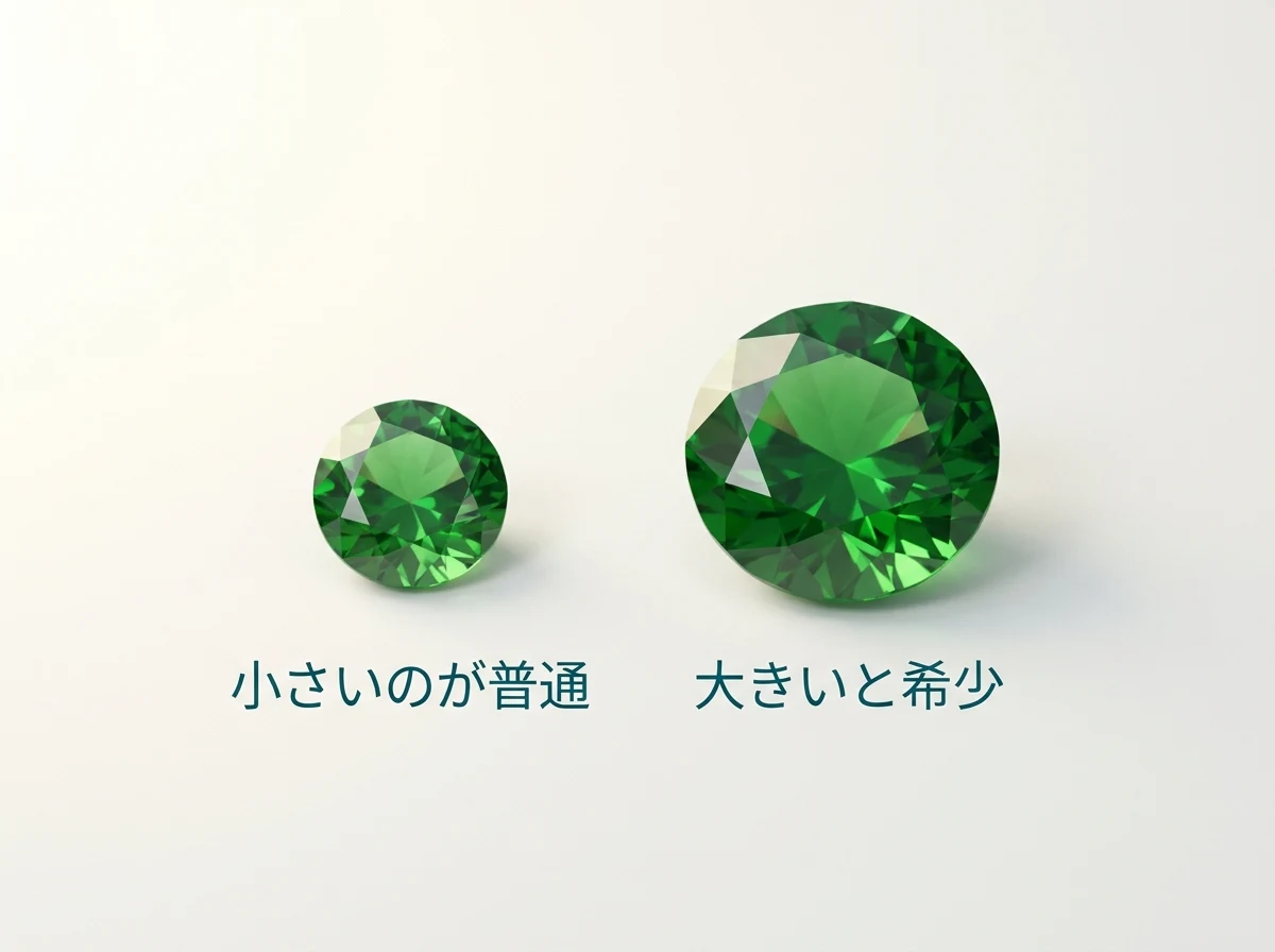 小さなツァボライトと大きなツァボライトを並べた写真